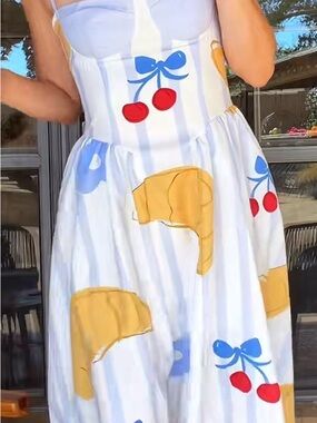 White Sundress with Cherry & Croissant Print